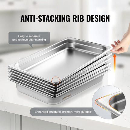 6 Pack Hotel Pans, Full Size Anti-Jam Steam Pan, 0.8mm Thick Stainless Steel Restaurant Steam Table Pan, 2.5-Inch Deep Commercial Table Pan, Catering Storage Food Pan, for Industrial & Scientifi.