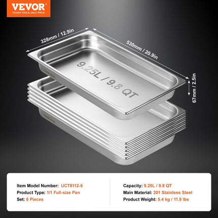 6 Pack Hotel Pans, Full Size Anti-Jam Steam Pan, 0.8mm Thick Stainless Steel Restaurant Steam Table Pan, 2.5-Inch Deep Commercial Table Pan, Catering Storage Food Pan, for Industrial & Scientifi.