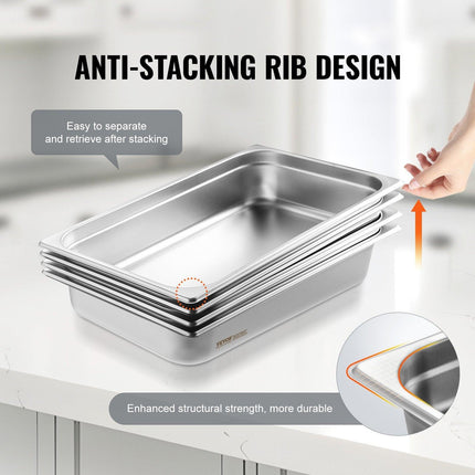 4 Pack Hotel Pans, Full Size Anti-Jam Steam Pan with Lid, 0.8mm Thick Stainless Steel Steam Table Pan, 4-Inch Deep Commercial Table Pan, Catering Storage Food Pan, for Industrial & Scientific.