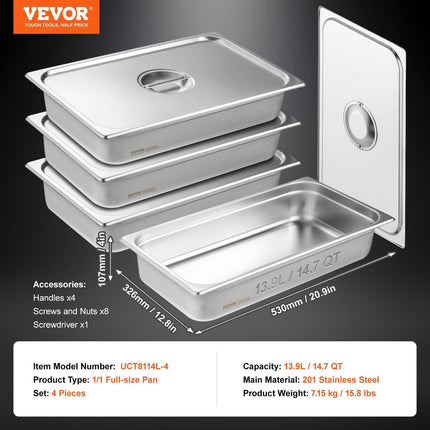 4 Pack Hotel Pans, Full Size Anti-Jam Steam Pan with Lid, 0.8mm Thick Stainless Steel Steam Table Pan, 4-Inch Deep Commercial Table Pan, Catering Storage Food Pan, for Industrial & Scientific.