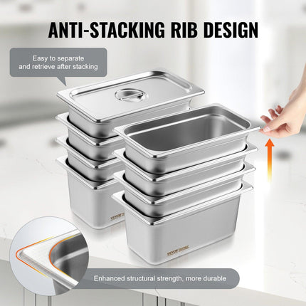 8 Pack Hotel Pans, 1/3 Size Anti-Jam Steam Pan with Lid, 0.8mm Thick Stainless Steel Steam Table Pan, 6-Inch Deep Commercial Table Pan, Catering Storage Food Pan, for Industrial & Scientific.