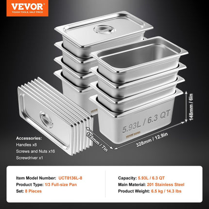 8 Pack Hotel Pans, 1/3 Size Anti-Jam Steam Pan with Lid, 0.8mm Thick Stainless Steel Steam Table Pan, 6-Inch Deep Commercial Table Pan, Catering Storage Food Pan, for Industrial & Scientific.