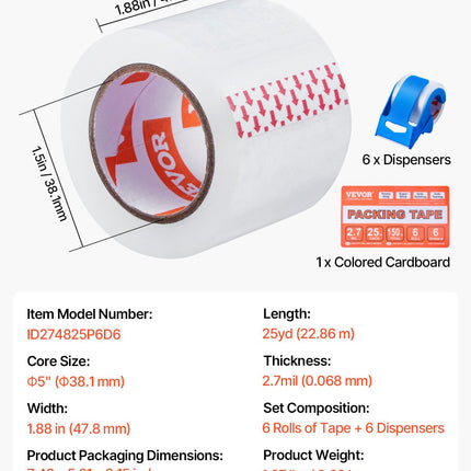 Packing Tape 6 Rolls 25 Yards Clear Shipping Tape with Dispenser 2.7 Mil.