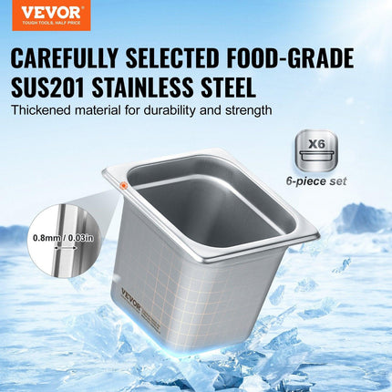 6 Pack Hotel Pans, 1/6 Size Anti-Jam Steam Pan, 0.8mm Thick Stainless Steel Restaurant Steam Table Pan, 6-Inch Deep Commercial Table Pan, Catering Storage Food Pan, for Industrial & Scientific.