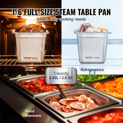 6 Pack Hotel Pans, 1/6 Size Anti-Jam Steam Pan, 0.8mm Thick Stainless Steel Restaurant Steam Table Pan, 6-Inch Deep Commercial Table Pan, Catering Storage Food Pan, for Industrial & Scientific.