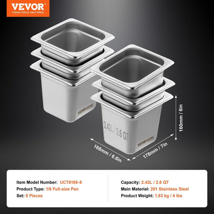 6 Pack Hotel Pans, 1/6 Size Anti-Jam Steam Pan, 0.8mm Thick Stainless Steel Restaurant Steam Table Pan, 6-Inch Deep Commercial Table Pan, Catering Storage Food Pan, for Industrial & Scientific.