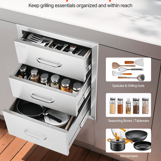18x23 Inch Outdoor Kitchen Stainless Steel Triple Access BBQ Drawers with Chrome Handle, 18 x23 x 23 Inch.