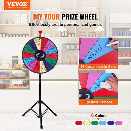 18 Inch Tabletop Color Prize Wheel with Folding Tripod Floor Stand 14 Slots Dry Erase.