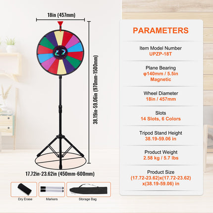 18 Inch Tabletop Color Prize Wheel with Folding Tripod Floor Stand 14 Slots Dry Erase.
