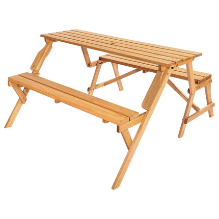 VEVOR 2-in-1 Transforming Interchangeable Picnic Table, Outdoor Wooden Table and Bench Set, Portable Foldable Bench with Umbrella Hole, Patio Dining Furniture for Garden, Backyard, Porch (Brown).
