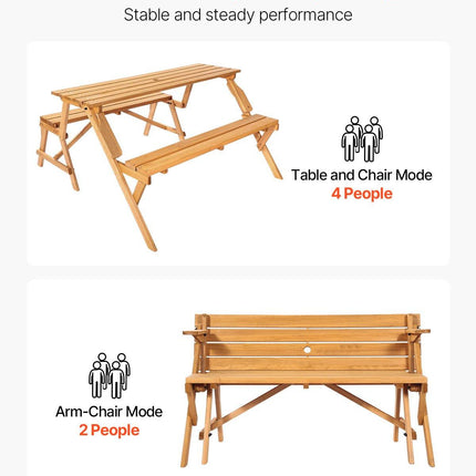 VEVOR 2-in-1 Transforming Interchangeable Picnic Table, Outdoor Wooden Table and Bench Set, Portable Foldable Bench with Umbrella Hole, Patio Dining Furniture for Garden, Backyard, Porch (Brown).