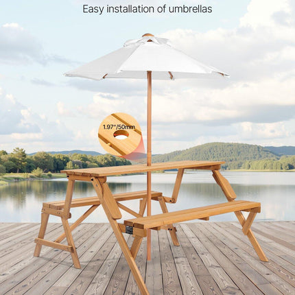 VEVOR 2-in-1 Transforming Interchangeable Picnic Table, Outdoor Wooden Table and Bench Set, Portable Foldable Bench with Umbrella Hole, Patio Dining Furniture for Garden, Backyard, Porch (Brown).