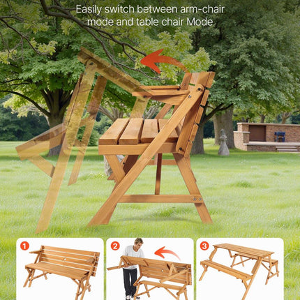 VEVOR 2-in-1 Transforming Interchangeable Picnic Table, Outdoor Wooden Table and Bench Set, Portable Foldable Bench with Umbrella Hole, Patio Dining Furniture for Garden, Backyard, Porch (Brown).