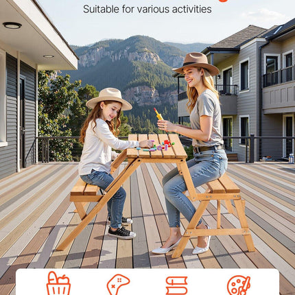 VEVOR 2-in-1 Transforming Interchangeable Picnic Table, Outdoor Wooden Table and Bench Set, Portable Foldable Bench with Umbrella Hole, Patio Dining Furniture for Garden, Backyard, Porch (Brown).