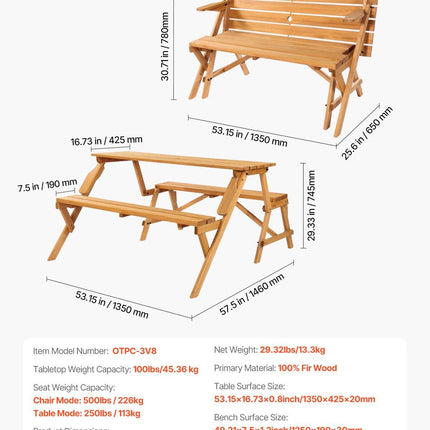 VEVOR 2-in-1 Transforming Interchangeable Picnic Table, Outdoor Wooden Table and Bench Set, Portable Foldable Bench with Umbrella Hole, Patio Dining Furniture for Garden, Backyard, Porch (Brown).