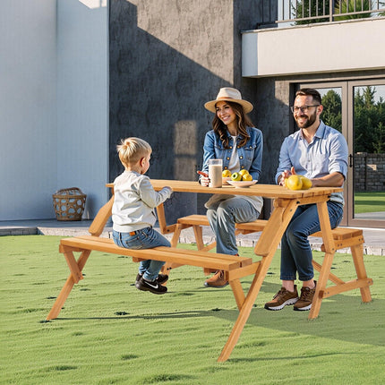 VEVOR 2-in-1 Transforming Interchangeable Picnic Table, Outdoor Wooden Table and Bench Set, Portable Foldable Bench with Umbrella Hole, Patio Dining Furniture for Garden, Backyard, Porch (Brown).