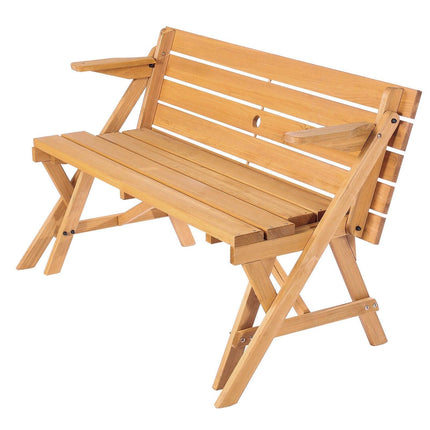 VEVOR 2-in-1 Transforming Interchangeable Picnic Table, Outdoor Wooden Table and Bench Set, Portable Foldable Bench with Umbrella Hole, Patio Dining Furniture for Garden, Backyard, Porch (Brown).