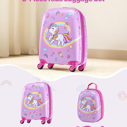 Kids Luggage Set, 2 Piece, 45.7 cm Hardside Rolling Wheels Suitcase with Hard-Shell Backpack, Unicorn Kids Carry on Luggage Set, Holiday Birthday Present for Girls & Boys, Airline Approved.