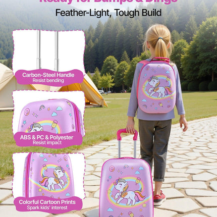 Kids Luggage Set, 2 Piece, 45.7 cm Hardside Rolling Wheels Suitcase with Hard-Shell Backpack, Unicorn Kids Carry on Luggage Set, Holiday Birthday Present for Girls & Boys, Airline Approved.