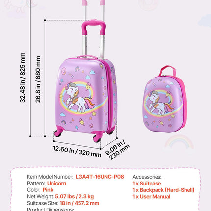Kids Luggage Set, 2 Piece, 45.7 cm Hardside Rolling Wheels Suitcase with Hard-Shell Backpack, Unicorn Kids Carry on Luggage Set, Holiday Birthday Present for Girls & Boys, Airline Approved.