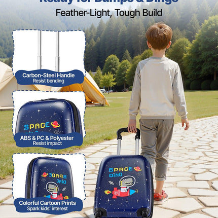 Kids Luggage Set, 2 Piece, 45.7 cm Hardside Rolling Wheels Suitcase with Hard-Shell Backpack, Dinosaur Kids Carry on Luggage Set, Holiday Birthday Present for Girls & Boys, Airline Approved.
