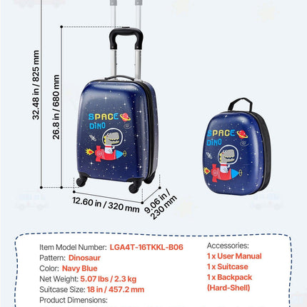 Kids Luggage Set, 2 Piece, 45.7 cm Hardside Rolling Wheels Suitcase with Hard-Shell Backpack, Dinosaur Kids Carry on Luggage Set, Holiday Birthday Present for Girls & Boys, Airline Approved.