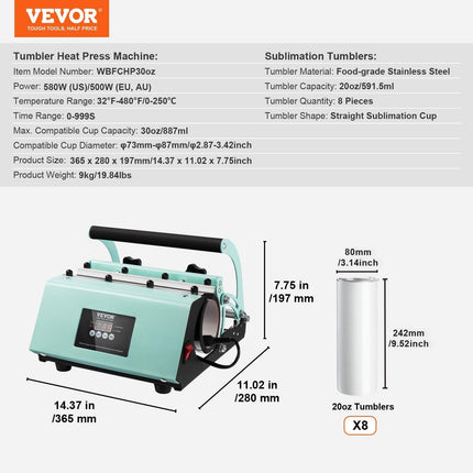 Tumbler Heat Press Machine and Sublimation Tumblers, Tumbler Press Set with 8pcs 20OZ Blank Tumblers, Mug Press Cup Press for 11-30oz Tumblers Mug, with Heat Transfer Paper, Gloves, Tape.
