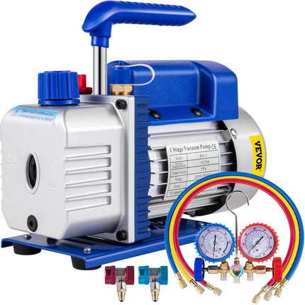 3CFM 84 L/M 1-Stage, Refrigerant Vacuum Pump Refrigeration Gauges A/C Air Conditioning 1440 RPM 1/4 HP, 3 pcs hoses 800 PSI Refrigeration Gauges.