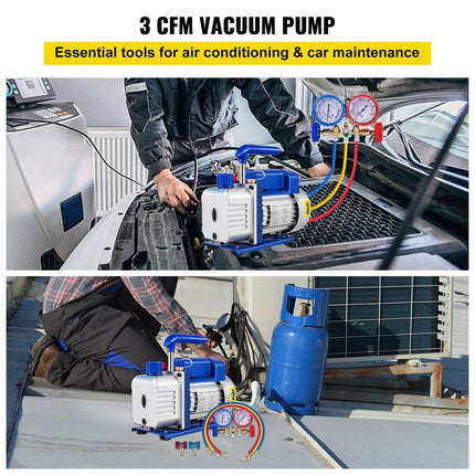 3CFM 84 L/M 1-Stage, Refrigerant Vacuum Pump Refrigeration Gauges A/C Air Conditioning 1440 RPM 1/4 HP, 3 pcs hoses 800 PSI Refrigeration Gauges.