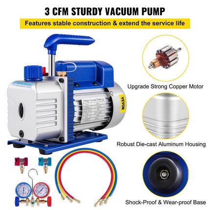 3CFM 84 L/M 1-Stage, Refrigerant Vacuum Pump Refrigeration Gauges A/C Air Conditioning 1440 RPM 1/4 HP, 3 pcs hoses 800 PSI Refrigeration Gauges.