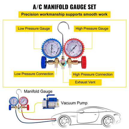 3CFM 84 L/M 1-Stage, Refrigerant Vacuum Pump Refrigeration Gauges A/C Air Conditioning 1440 RPM 1/4 HP, 3 pcs hoses 800 PSI Refrigeration Gauges.