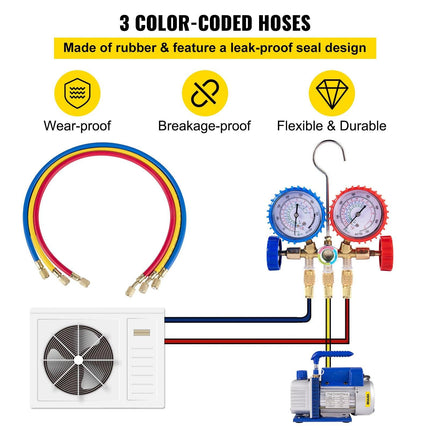 3CFM 84 L/M 1-Stage, Refrigerant Vacuum Pump Refrigeration Gauges A/C Air Conditioning 1440 RPM 1/4 HP, 3 pcs hoses 800 PSI Refrigeration Gauges.