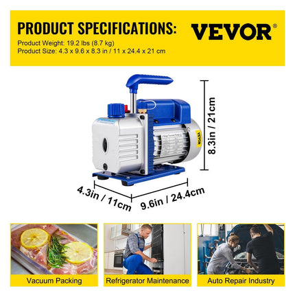 3CFM 84 L/M 1-Stage, Refrigerant Vacuum Pump Refrigeration Gauges A/C Air Conditioning 1440 RPM 1/4 HP, 3 pcs hoses 800 PSI Refrigeration Gauges.