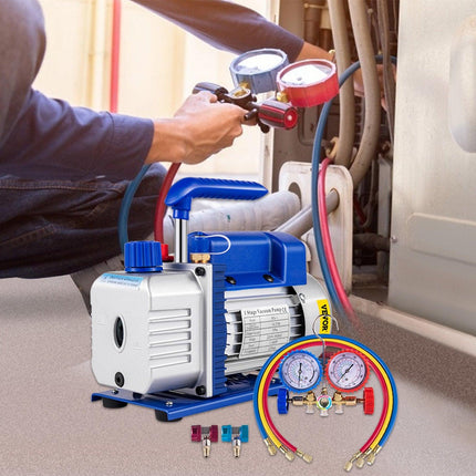 3CFM 84 L/M 1-Stage, Refrigerant Vacuum Pump Refrigeration Gauges A/C Air Conditioning 1440 RPM 1/4 HP, 3 pcs hoses 800 PSI Refrigeration Gauges.