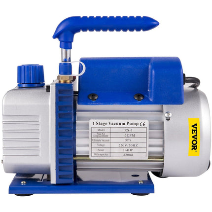 3CFM 84 L/M 1-Stage, Refrigerant Vacuum Pump Refrigeration Gauges A/C Air Conditioning 1440 RPM 1/4 HP, 3 pcs hoses 800 PSI Refrigeration Gauges.