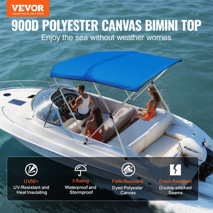 3 Bow Bimini Top Boat Cover, 900D Polyester Canopy with 1" Aluminum Alloy Frame, Waterproof and Sun Shade, Includes Storage Boot, 2 Support Poles, 4 Straps, 6'L x 46"H x 54"-60"W, Pacific Blue.