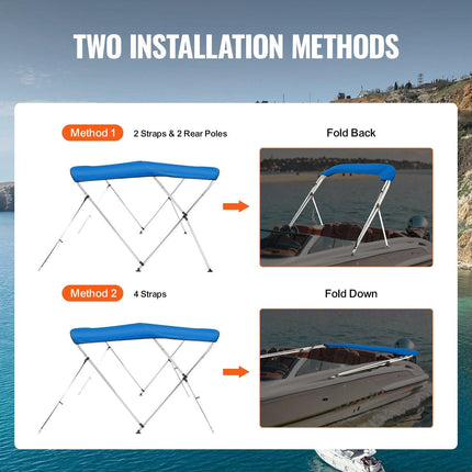 3 Bow Bimini Top Boat Cover, 900D Polyester Canopy with 1" Aluminum Alloy Frame, Waterproof and Sun Shade, Includes Storage Boot, 2 Support Poles, 4 Straps, 6'L x 46"H x 54"-60"W, Pacific Blue.