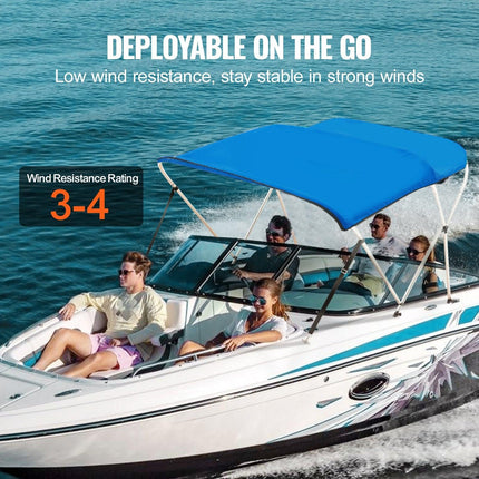 3 Bow Bimini Top Boat Cover, 900D Polyester Canopy with 1" Aluminum Alloy Frame, Waterproof and Sun Shade, Includes Storage Boot, 2 Support Poles, 4 Straps, 6'L x 46"H x 54"-60"W, Pacific Blue.