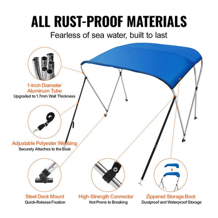 3 Bow Bimini Top Boat Cover, 900D Polyester Canopy with 1" Aluminum Alloy Frame, Waterproof and Sun Shade, Includes Storage Boot, 2 Support Poles, 4 Straps, 6'L x 46"H x 54"-60"W, Pacific Blue.