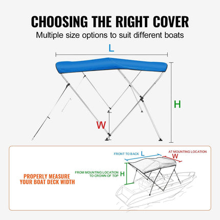 3 Bow Bimini Top Boat Cover, 900D Polyester Canopy with 1" Aluminum Alloy Frame, Waterproof and Sun Shade, Includes Storage Boot, 2 Support Poles, 4 Straps, 6'L x 46"H x 54"-60"W, Pacific Blue.