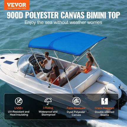 3 Bow Bimini Top Boat Cover, 900D Polyester Canopy with 1" Aluminum Alloy Frame, Waterproof and Sun Shade, Includes Storage Boot, 2 Support Poles, 4 Straps, 6'L x 46"H x 61"-66"W, Pacific Blue.