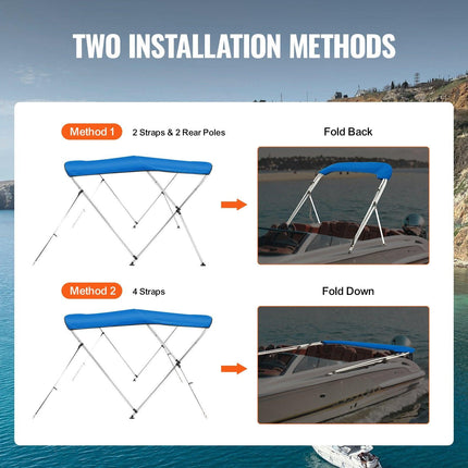 3 Bow Bimini Top Boat Cover, 900D Polyester Canopy with 1" Aluminum Alloy Frame, Waterproof and Sun Shade, Includes Storage Boot, 2 Support Poles, 4 Straps, 6'L x 46"H x 61"-66"W, Pacific Blue.