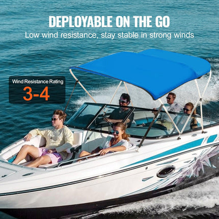 3 Bow Bimini Top Boat Cover, 900D Polyester Canopy with 1" Aluminum Alloy Frame, Waterproof and Sun Shade, Includes Storage Boot, 2 Support Poles, 4 Straps, 6'L x 46"H x 61"-66"W, Pacific Blue.
