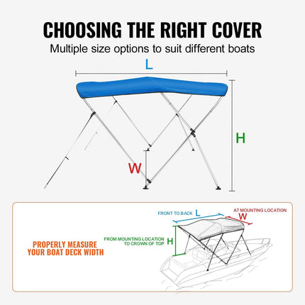 3 Bow Bimini Top Boat Cover, 900D Polyester Canopy with 1" Aluminum Alloy Frame, Waterproof and Sun Shade, Includes Storage Boot, 2 Support Poles, 4 Straps, 6'L x 46"H x 61"-66"W, Pacific Blue.
