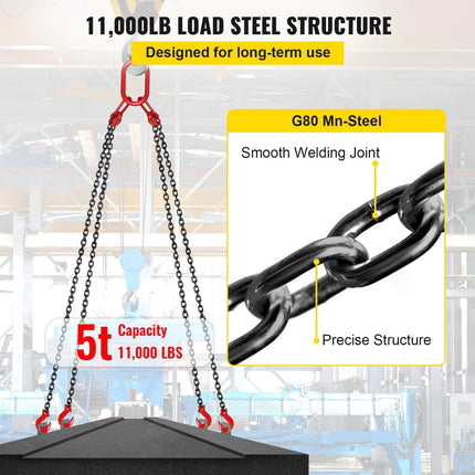 Chain Sling 5/16" X 10' Engine Lift Chain G80 Alloy Steel Engine Chain Hoist Lifts 3 Ton with 4 Leg Grab Hooks and Adjuster.