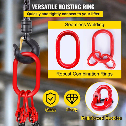 Chain Sling 5/16" X 10' Engine Lift Chain G80 Alloy Steel Engine Chain Hoist Lifts 3 Ton with 4 Leg Grab Hooks and Adjuster.