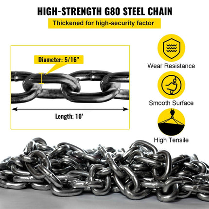 Chain Sling 5/16" X 10' Engine Lift Chain G80 Alloy Steel Engine Chain Hoist Lifts 3 Ton with 4 Leg Grab Hooks and Adjuster.