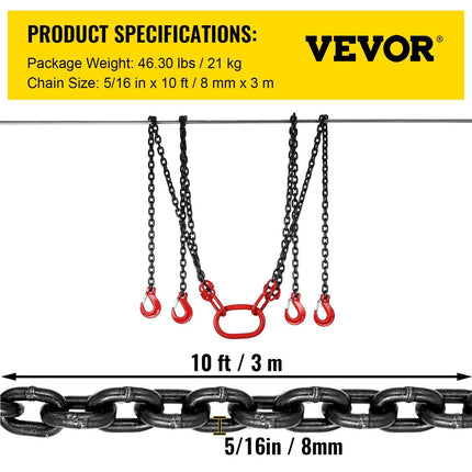 Chain Sling 5/16" X 10' Engine Lift Chain G80 Alloy Steel Engine Chain Hoist Lifts 3 Ton with 4 Leg Grab Hooks and Adjuster.