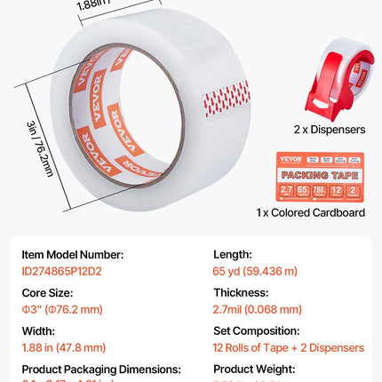 Packing Tape 12 Rolls 65 Yards Clear Shipping Tape with Dispenser 2.7 Mil.