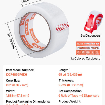 Packing Tape 6 Rolls 65 Yards Clear Shipping Tape with Dispenser 2.7 Mil.